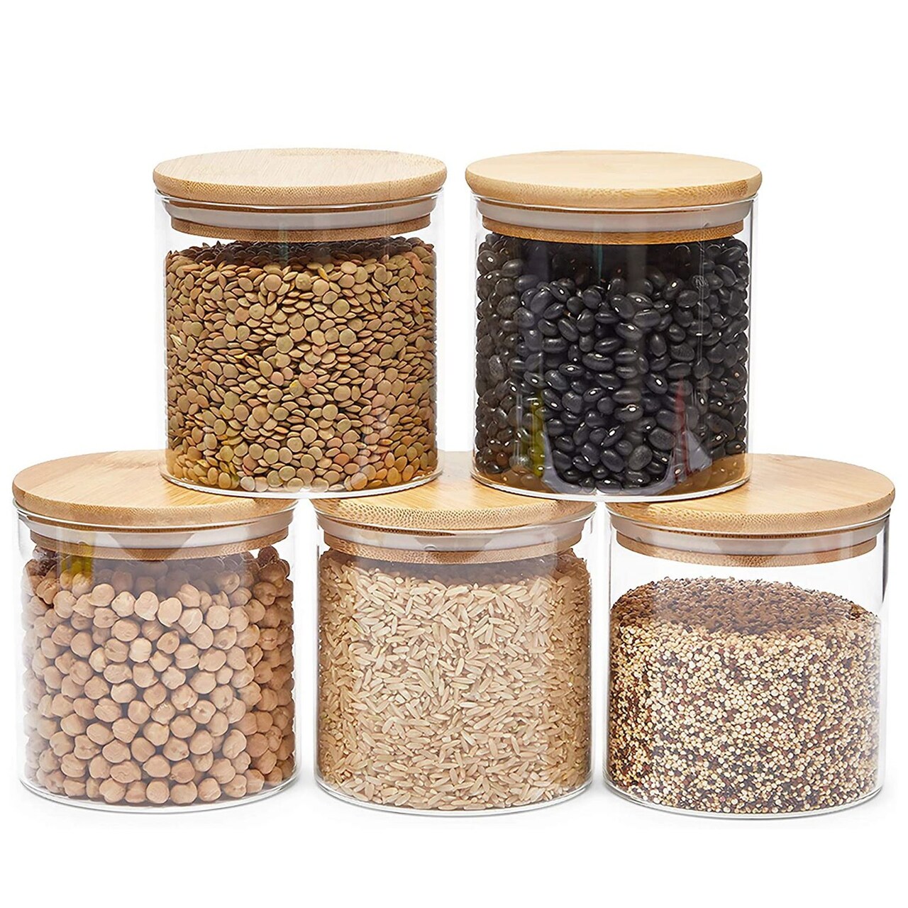 Glass Canisters with Airtight Bamboo Lids for Pantry Storage (4 x 4.13 In,  5 Pack)